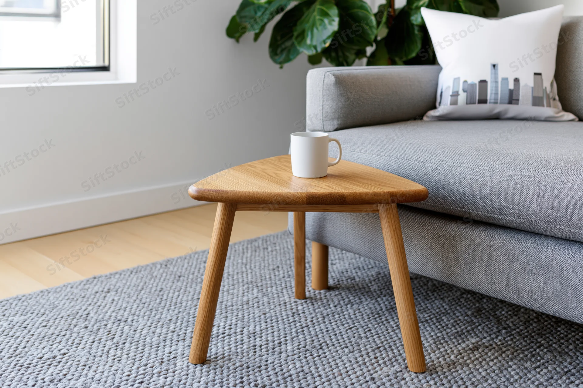 Triangular wooden side table with white ceramic mug on gray rug beside gray sofa in living room