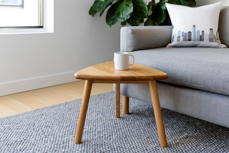 Triangular wooden side table with white ceramic mug on gray rug beside gray sofa in living room