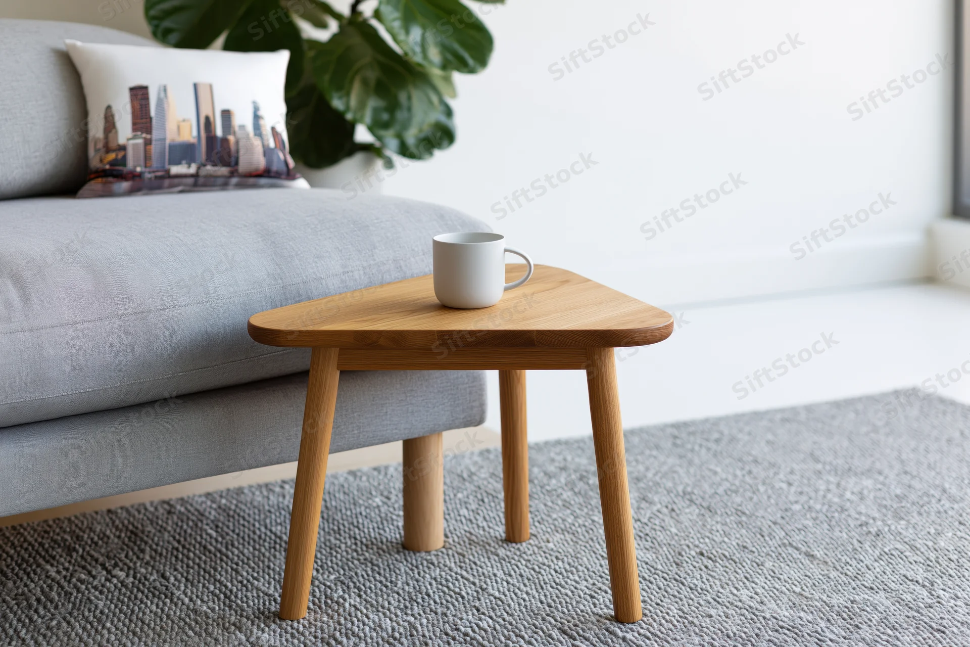 Triangular wooden side table with white ceramic mug on gray rug beside sofa with cityscape pillow and plant