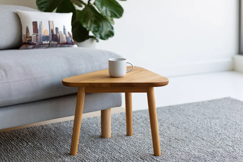 Triangular wooden side table with white ceramic mug on gray rug beside sofa with cityscape pillow and plant