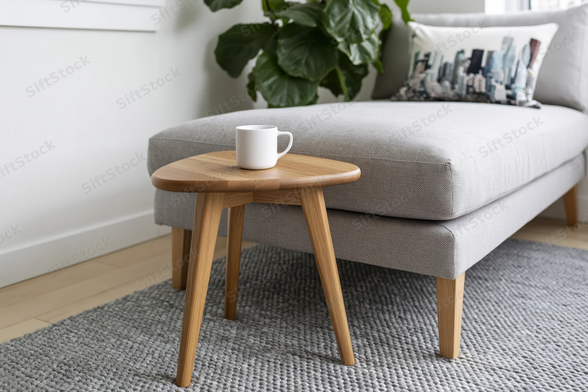 Small wooden side table with white ceramic mug on top beside gray sofa in living room