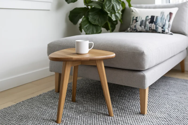 Small wooden side table with white ceramic mug on top beside gray sofa in living room
