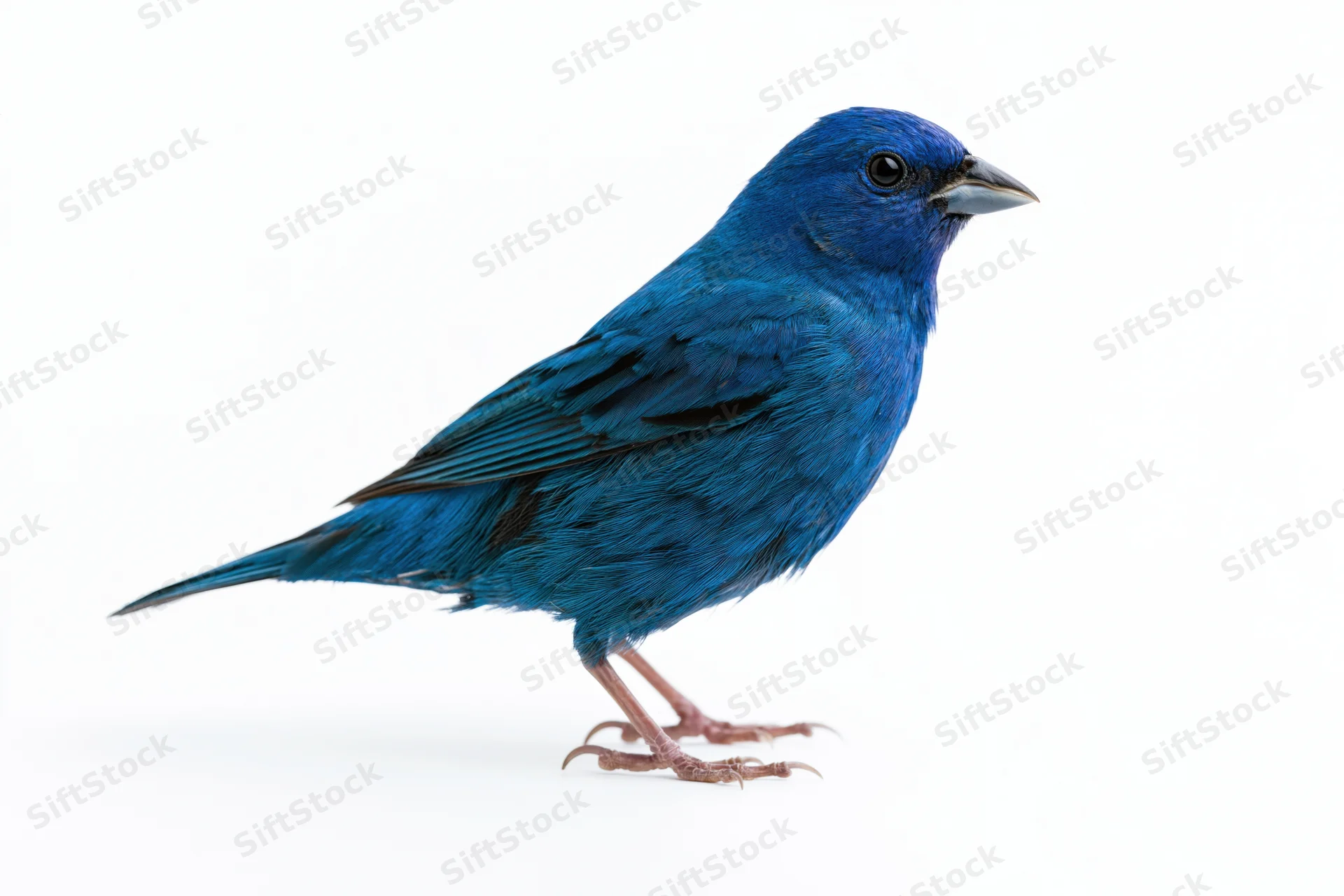 Small vivid blue bird standing in profile view isolated on white background