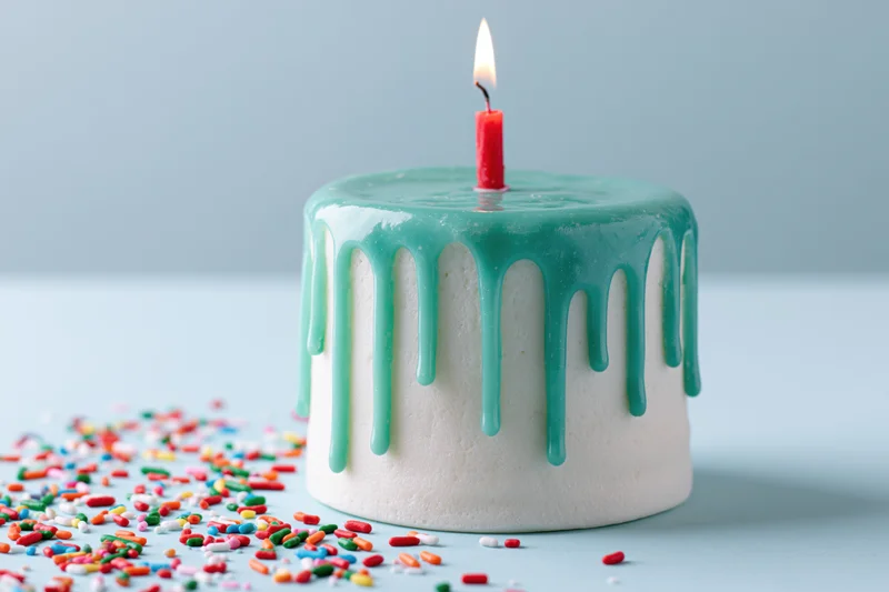 Small white birthday cake with teal drip frosting and one lit candle on light blue surface surrounded by colorful sprinkles