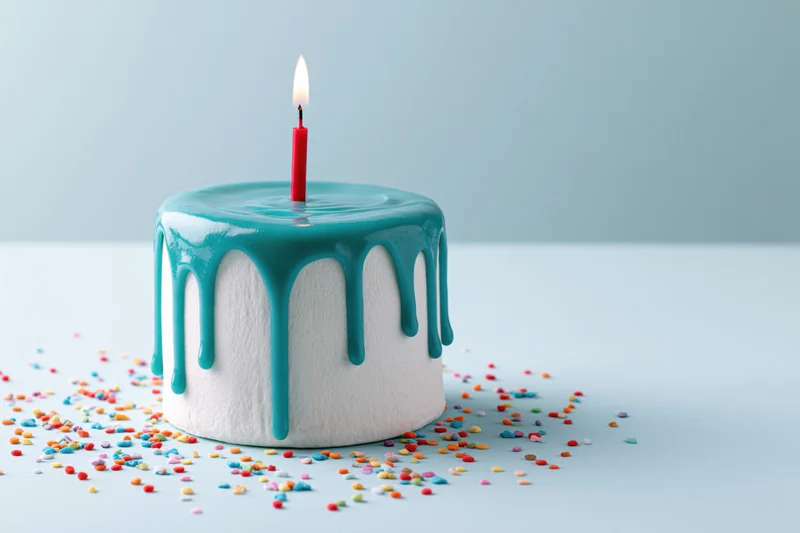 Small white birthday cake with teal drip frosting and one lit candle on light blue surface surrounded by colorful sprinkles