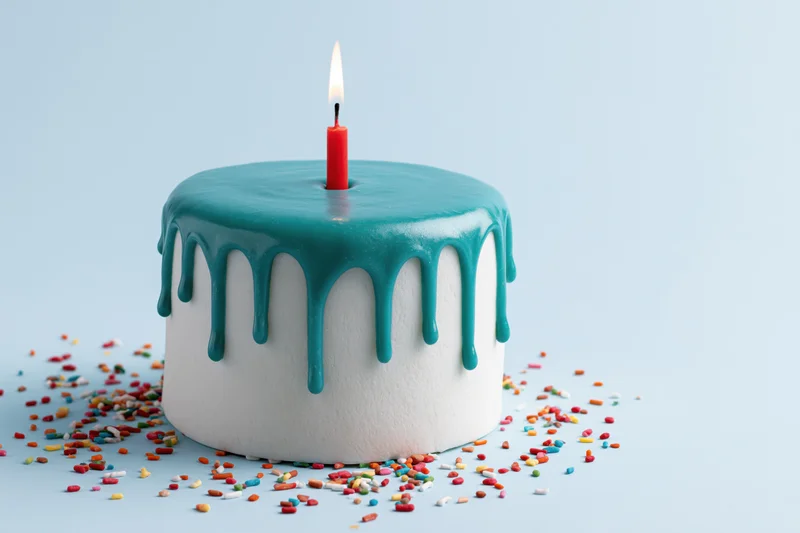 Small white birthday cake with teal drip frosting and one lit candle surrounded by scattered sprinkles on light blue surface
