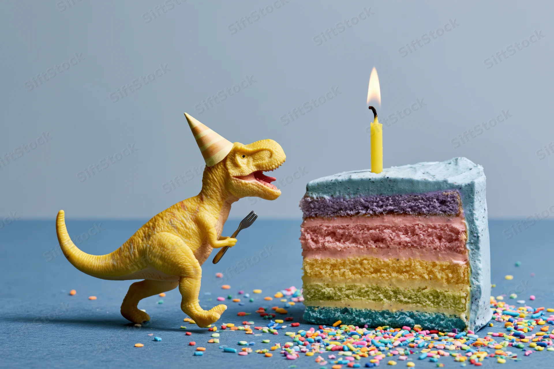 Yellow plastic toy dinosaur wearing party hat and holding fork beside rainbow-layered birthday cake with lit candle and sprinkles