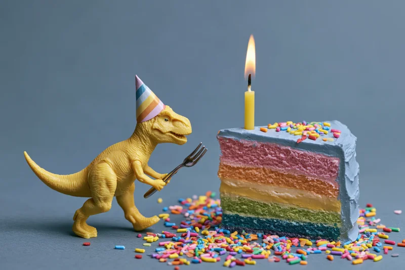 Yellow plastic toy dinosaur wearing party hat and holding fork beside rainbow-layered birthday cake with lit candle and scattered sprinkles