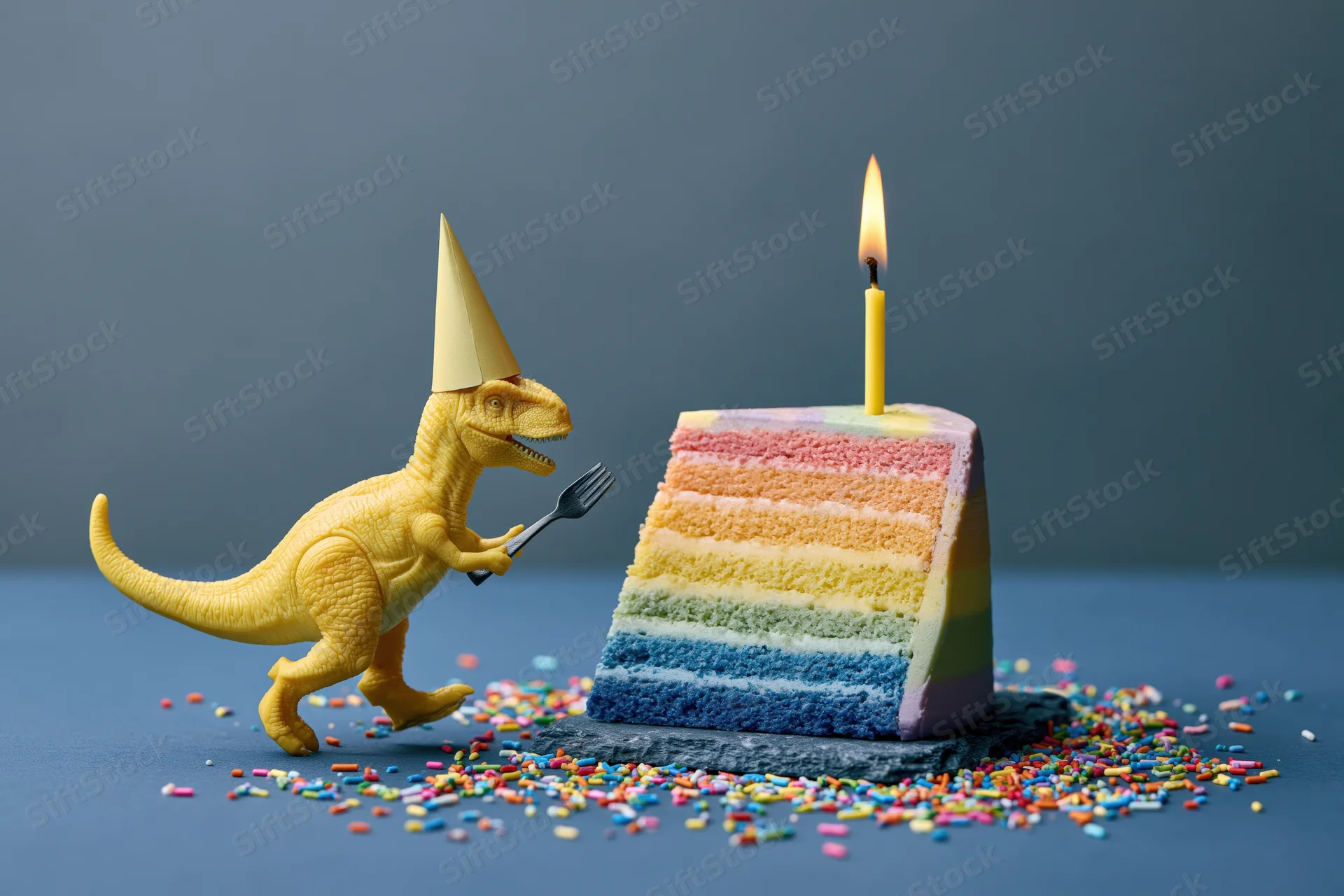 Yellow toy dinosaur wearing party hat and holding fork beside rainbow-layered birthday cake with lit candle and sprinkles on blue surface