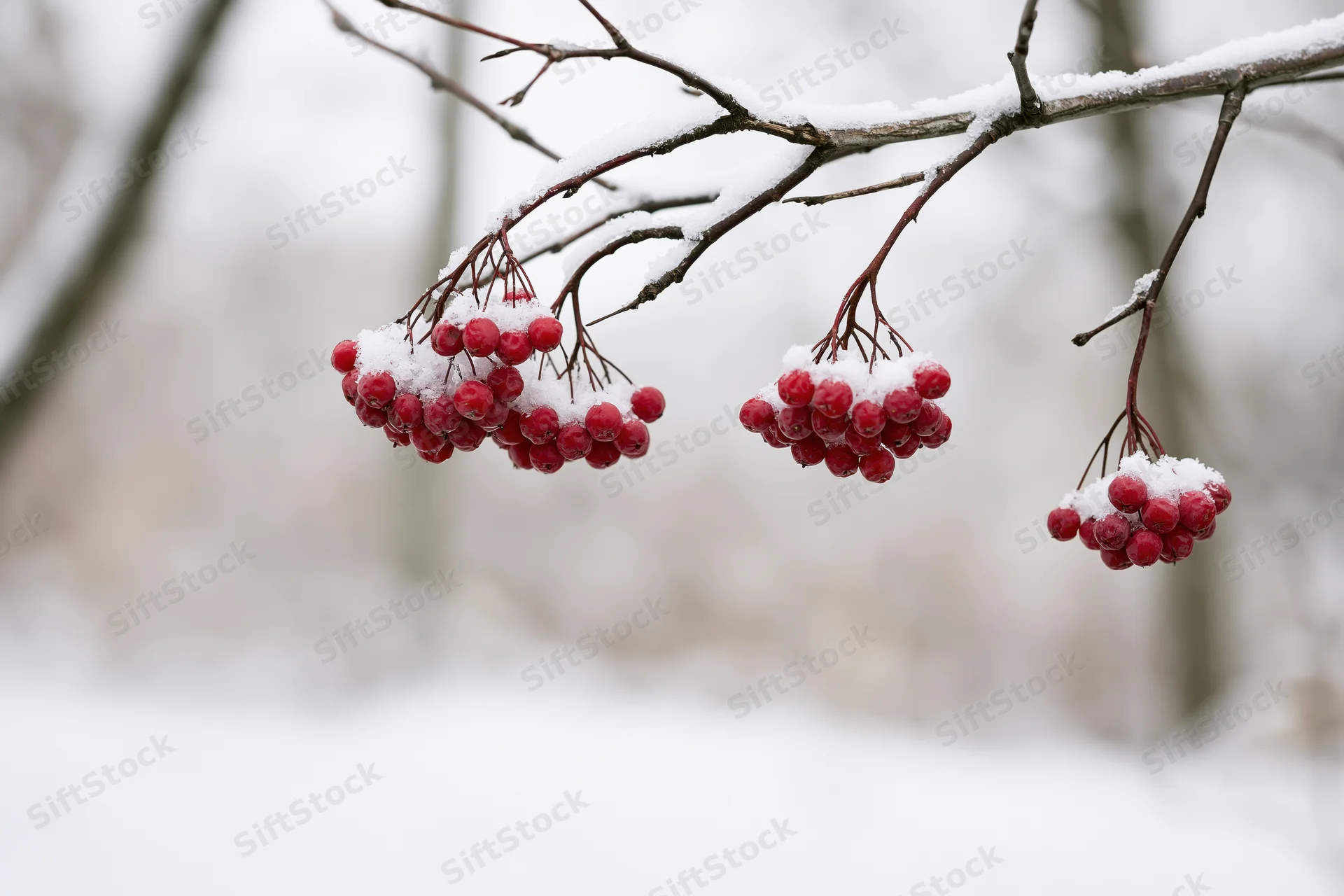 Snow-dusted red berries clustered on bare branches in a winter forest setting