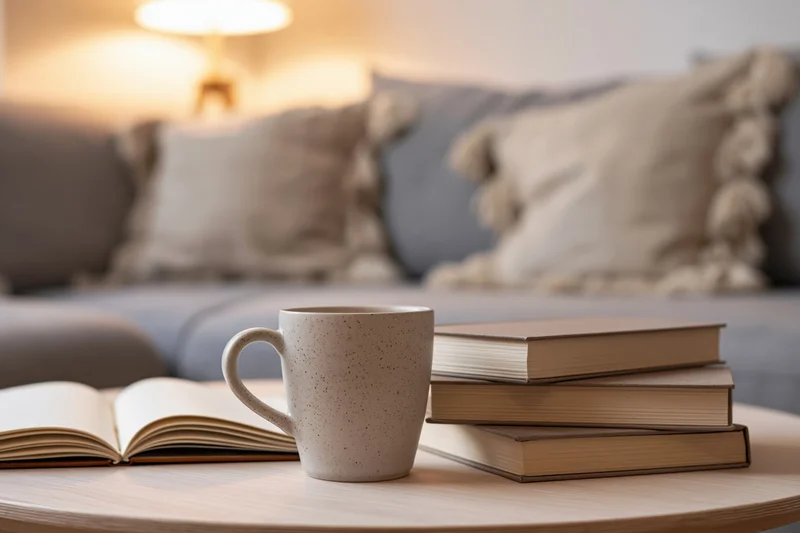 Speckled ceramic mug and stacked hardcover books on a round wooden table beside an open notebook, in a cozy living room with soft lighting and a sofa in the background