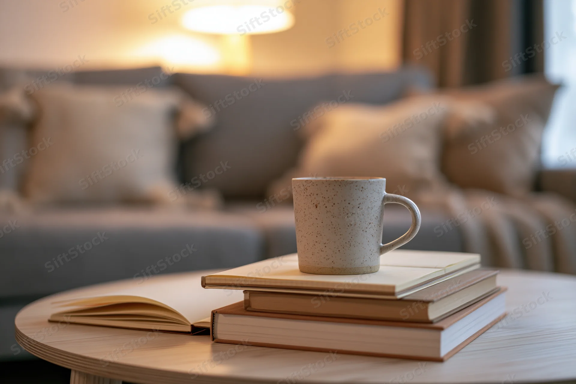 Speckled ceramic mug on stack of books and open notebook on round wooden table in living room with sofa and lamp in background