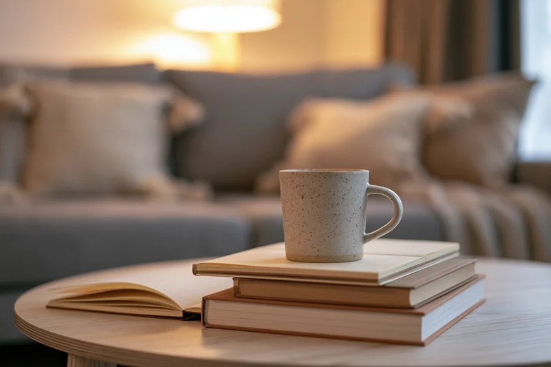 Speckled ceramic mug on stack of books and open notebook on round wooden table in living room with sofa and lamp in background