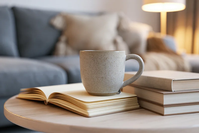 Speckled ceramic mug resting on open notebook beside stacked hardcover books on round wooden table in living room