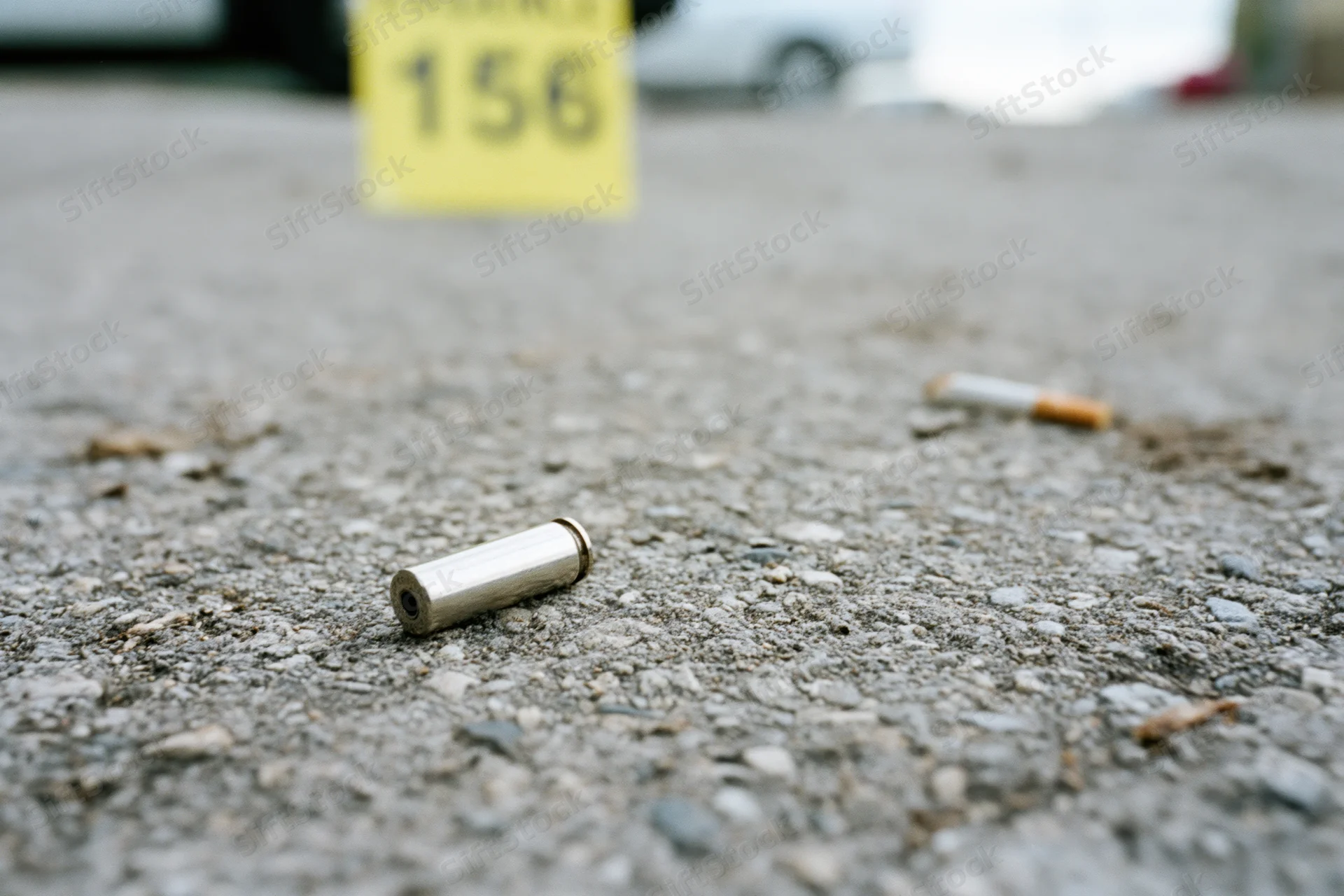 Spent bullet casing on asphalt pavement near yellow evidence marker at crime scene