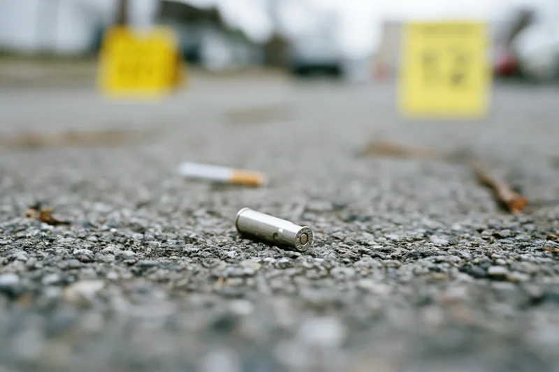Spent bullet casing on rough asphalt pavement at a crime scene with yellow evidence markers in background