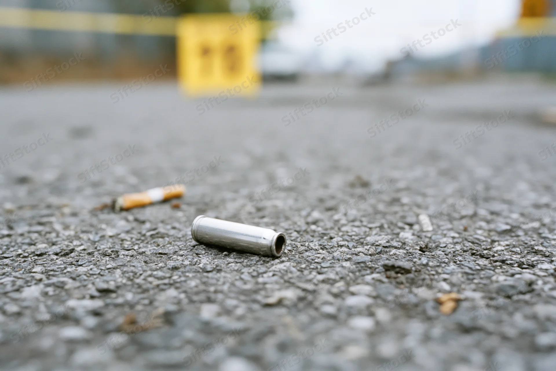 Spent bullet casing lying on rough asphalt pavement at a crime scene