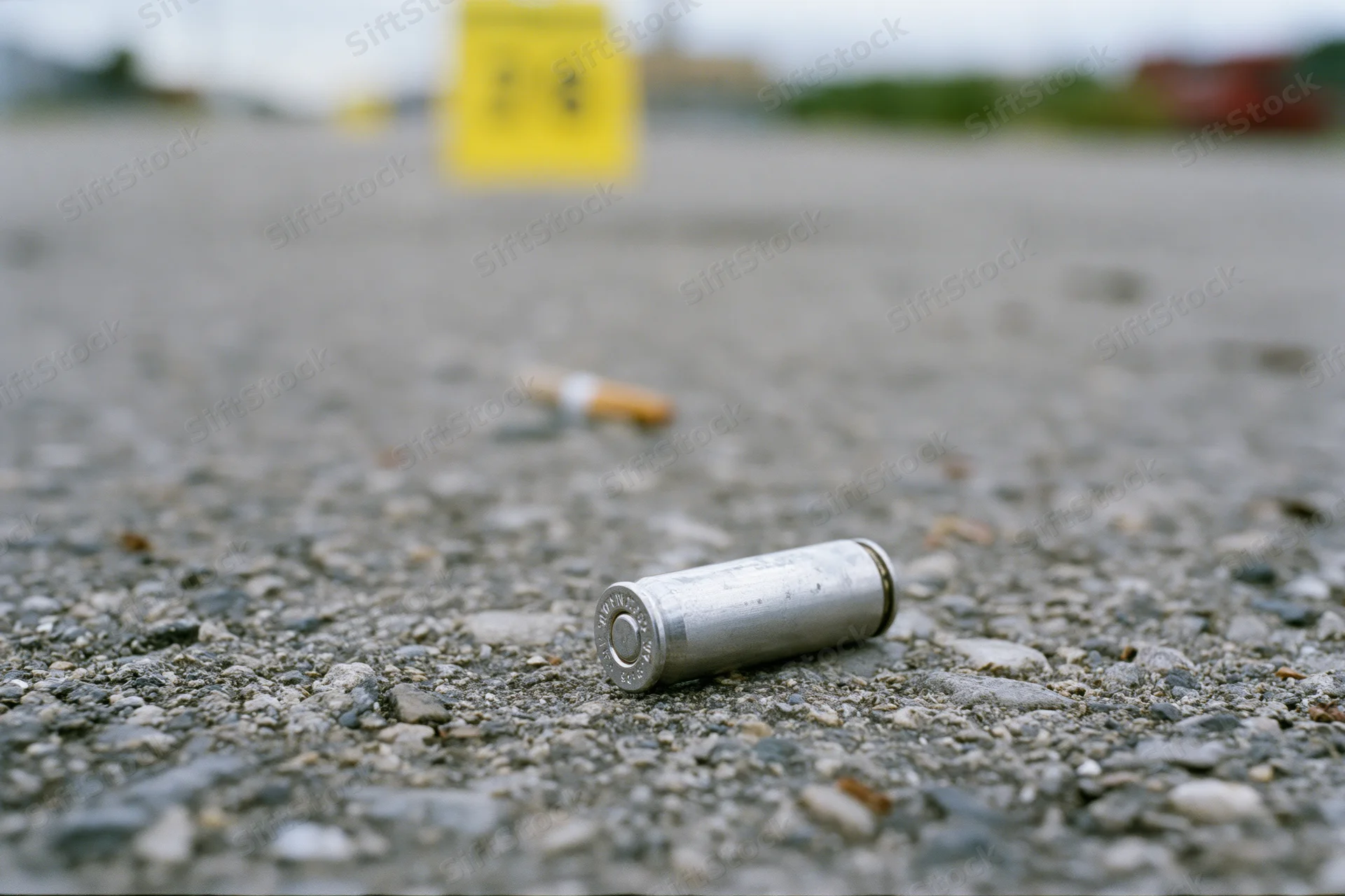 Spent bullet casing lying on rough asphalt pavement at a crime scene