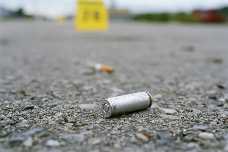 Spent bullet casing lying on rough asphalt pavement at a crime scene