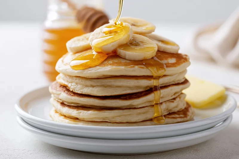 Stack of fluffy pancakes topped with banana slices and drizzling honey on white plates