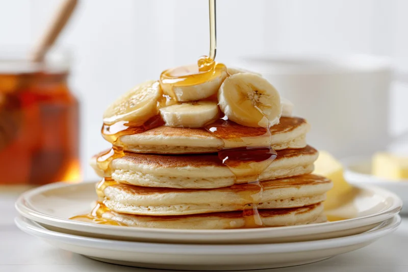 Stack of fluffy pancakes topped with banana slices and drizzling honey on a white plate