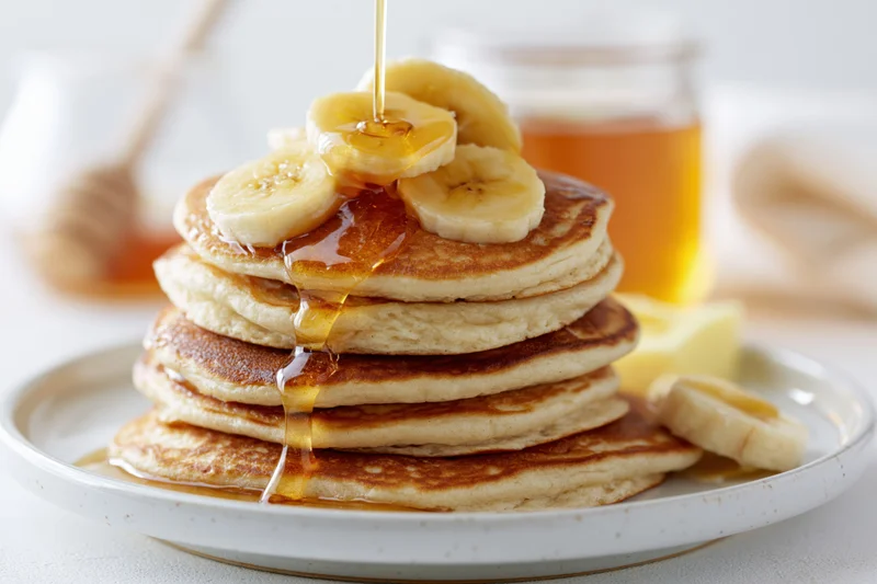 Stack of fluffy pancakes topped with banana slices and honey being poured on a white plate