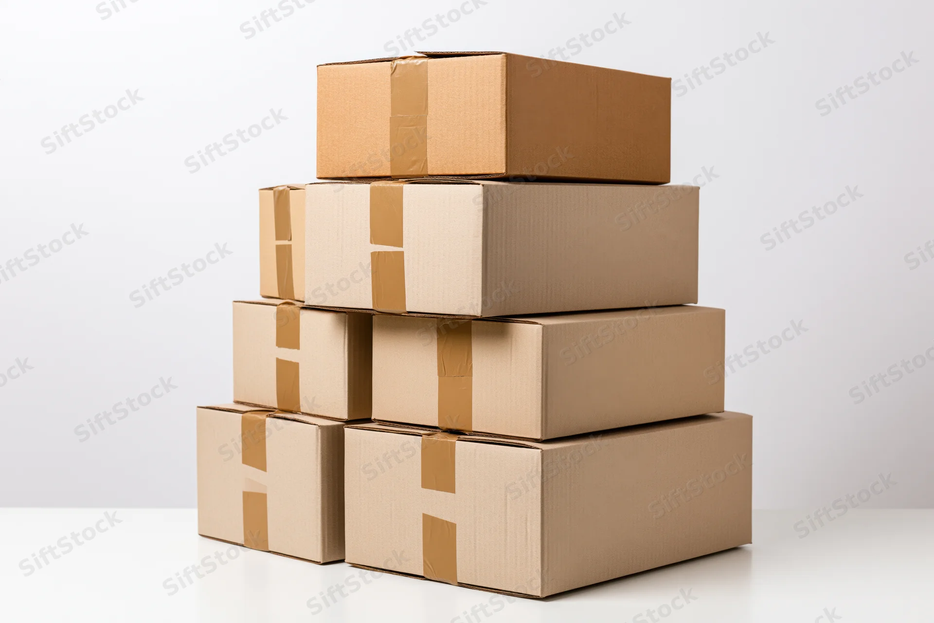 Stack of plain cardboard shipping boxes piled in a pyramid arrangement on a white surface