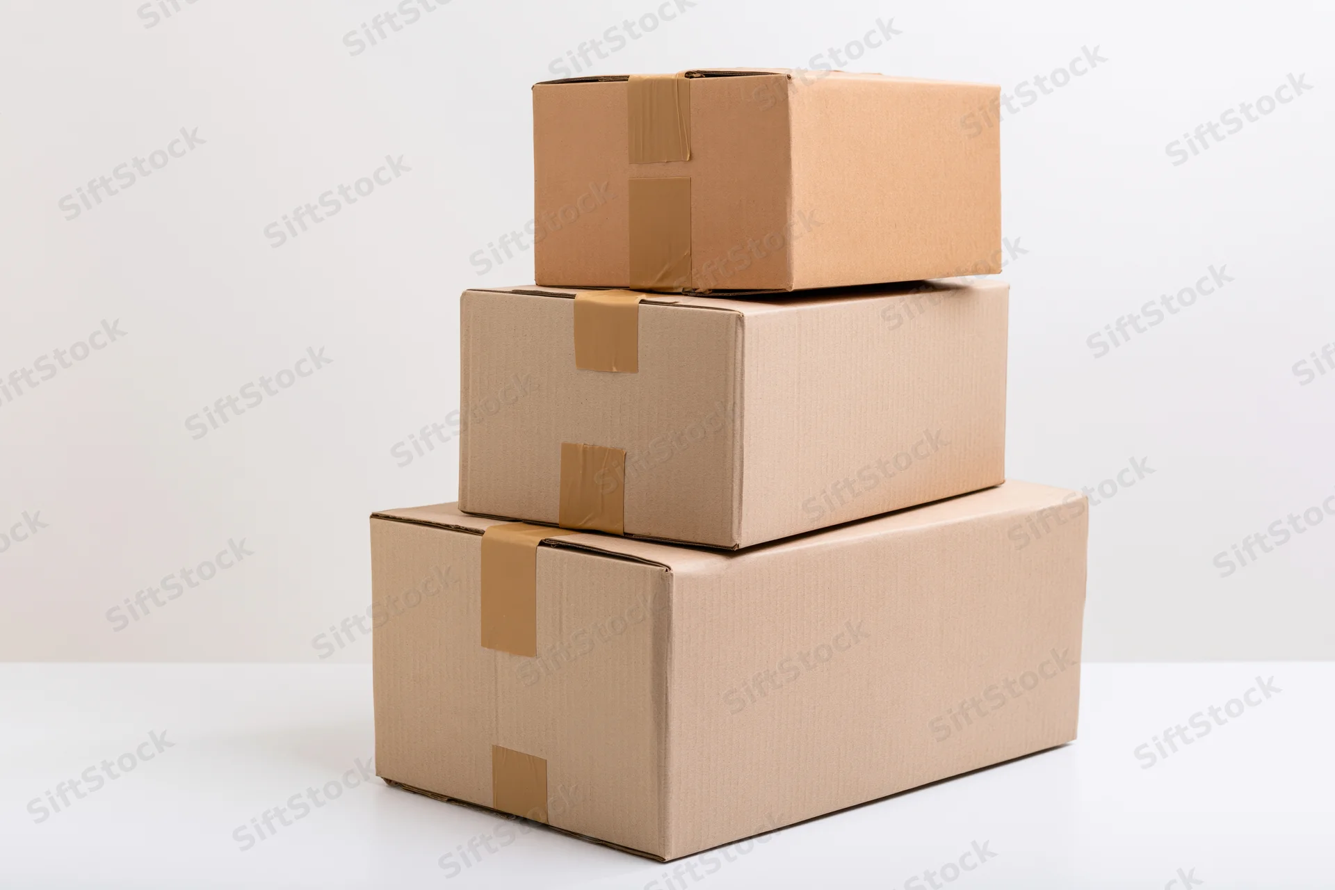 Three cardboard shipping boxes stacked in a pyramid on a white surface