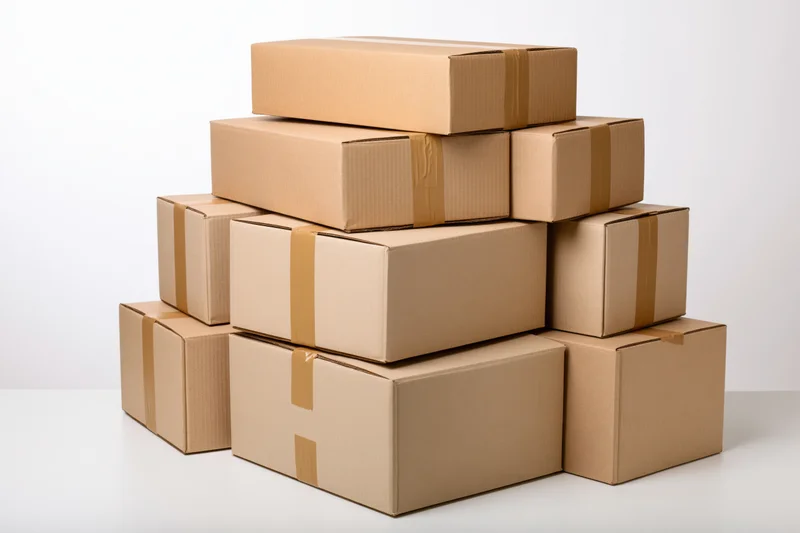Stack of plain cardboard shipping boxes piled in a pyramid on a white surface