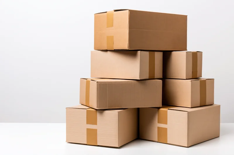 Stack of plain cardboard shipping boxes piled in a pyramid shape on a white surface