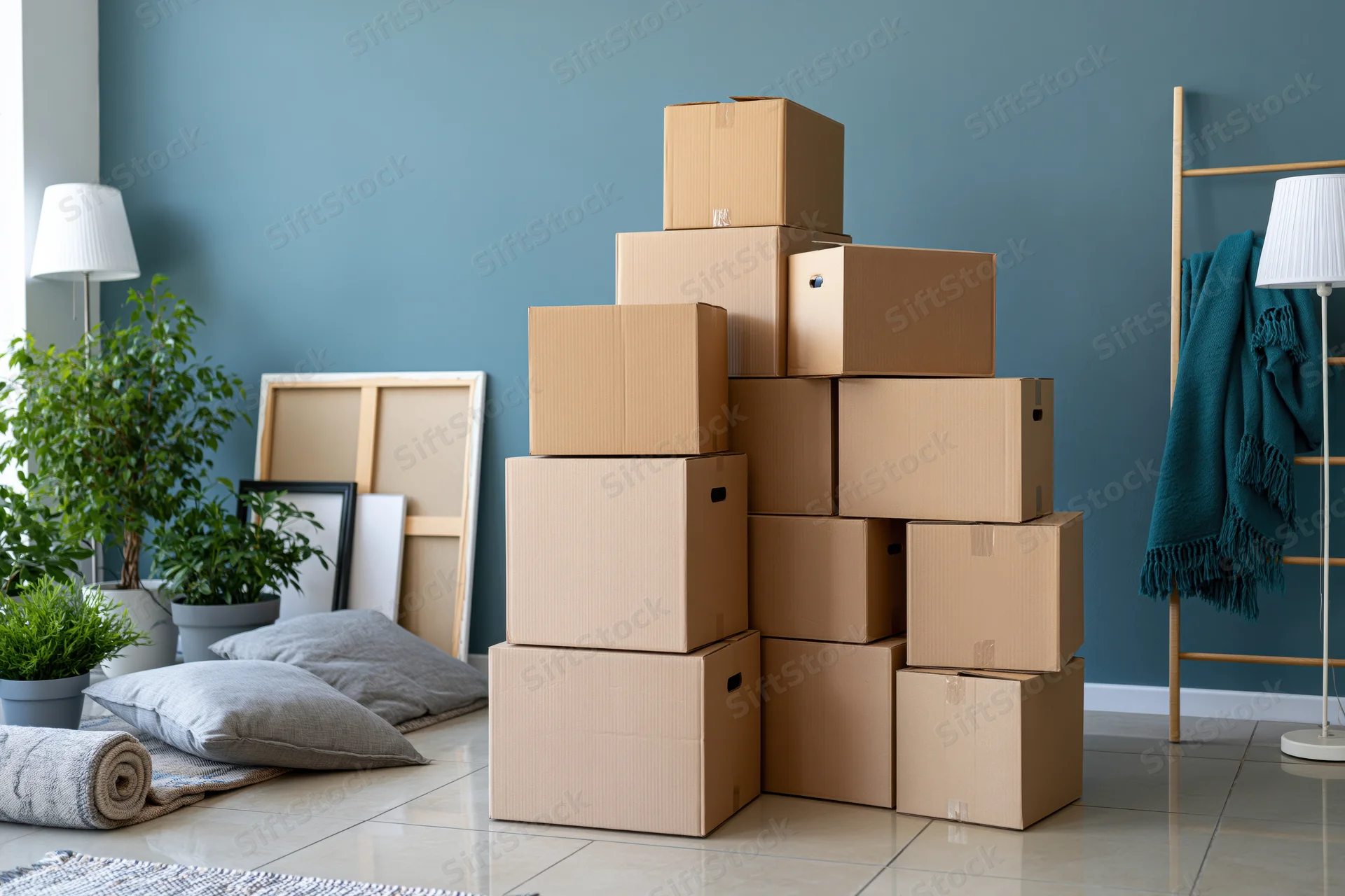 Stacked cardboard moving boxes on a light tile floor in a modern living room with plants and decor