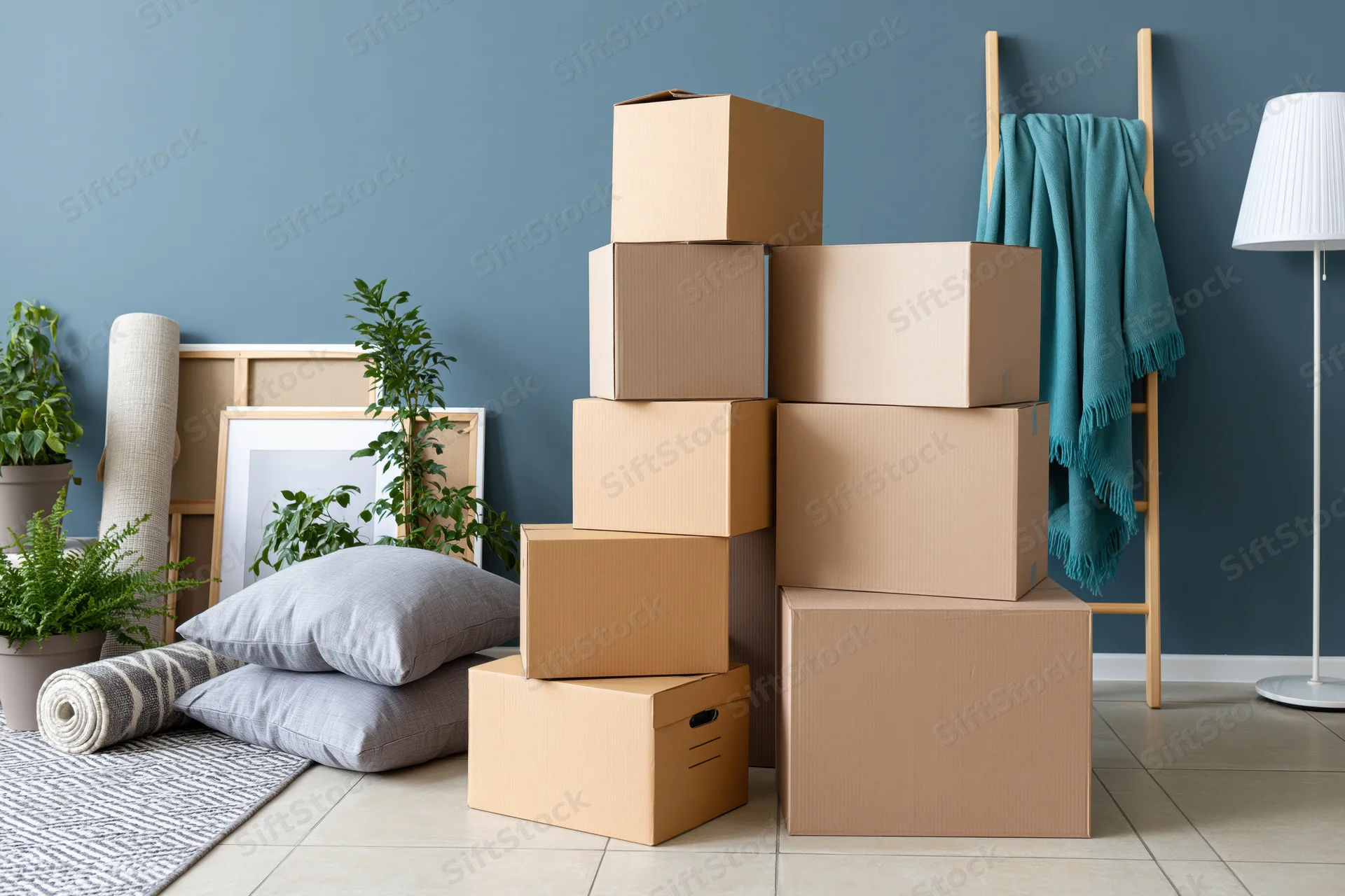 Stacked cardboard moving boxes on a light tile floor in a living room with plants, pillows, and decor