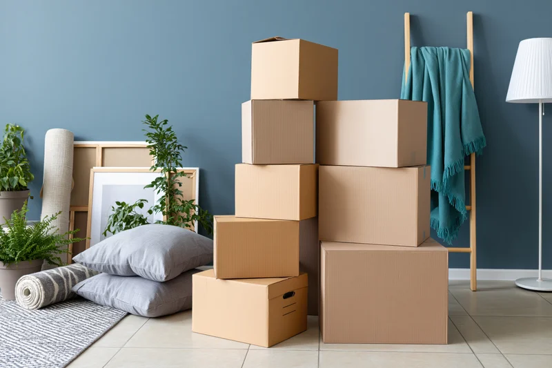 Stacked cardboard moving boxes on a light tile floor in a living room with plants, pillows, and decor