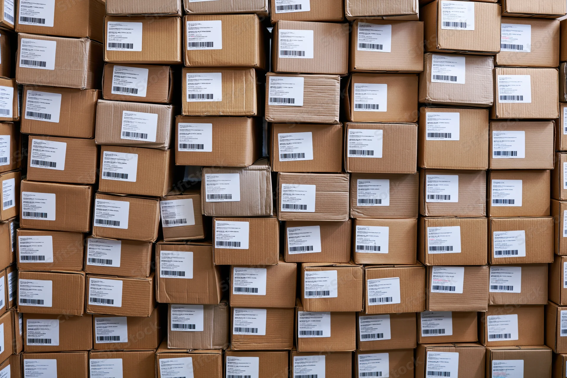 Stacked cardboard shipping boxes filling the frame in a warehouse storage area