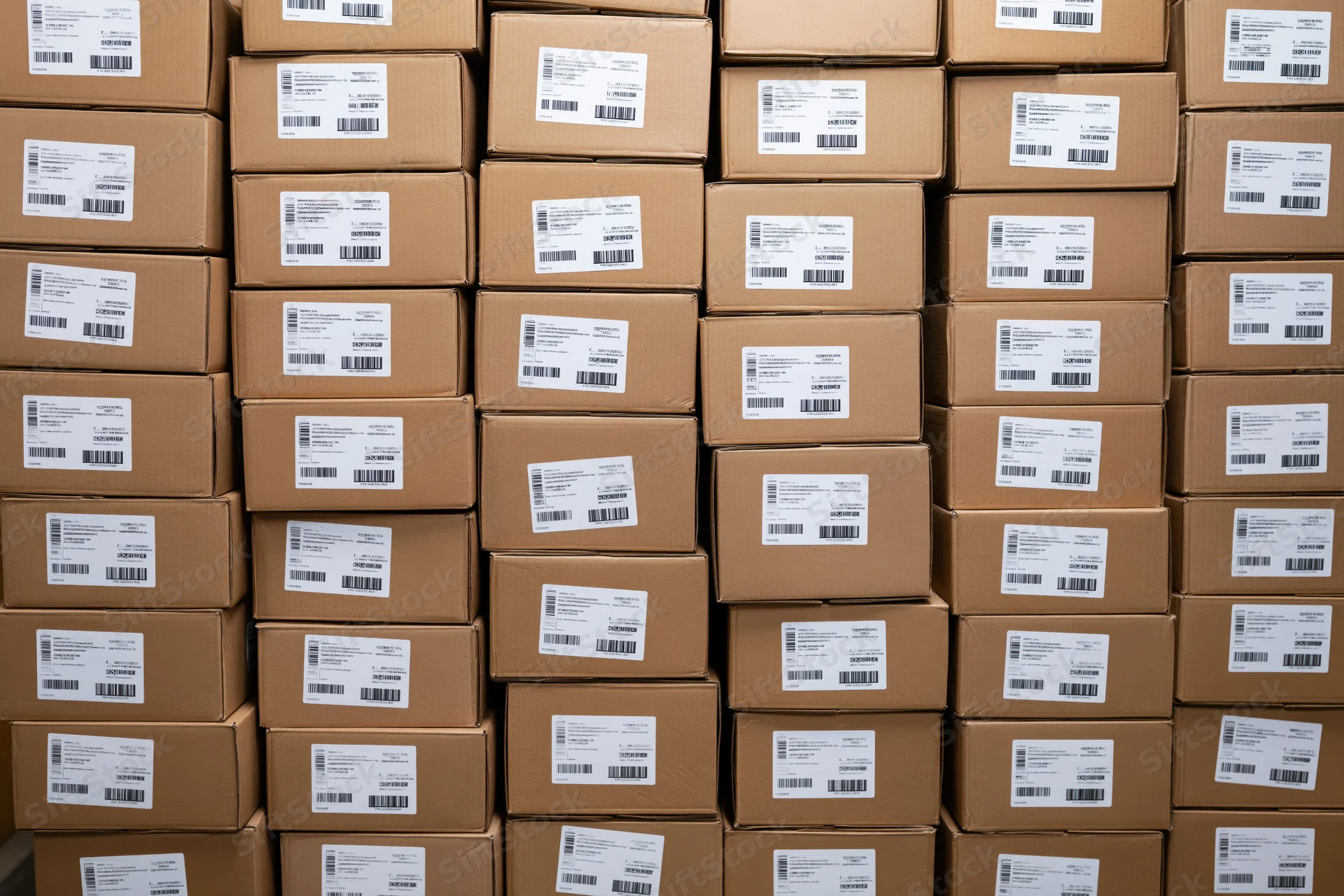 Stacked cardboard shipping boxes filling the frame in a warehouse storage area