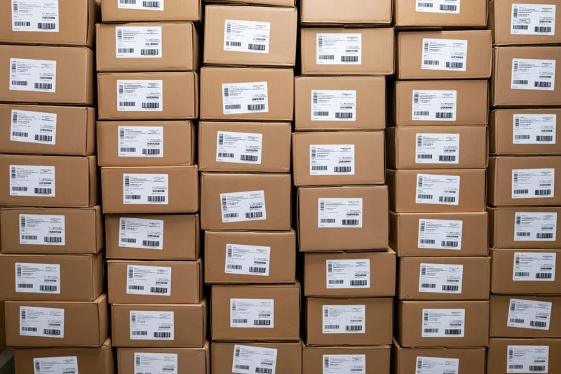 Stacked cardboard shipping boxes filling the frame in a warehouse storage area