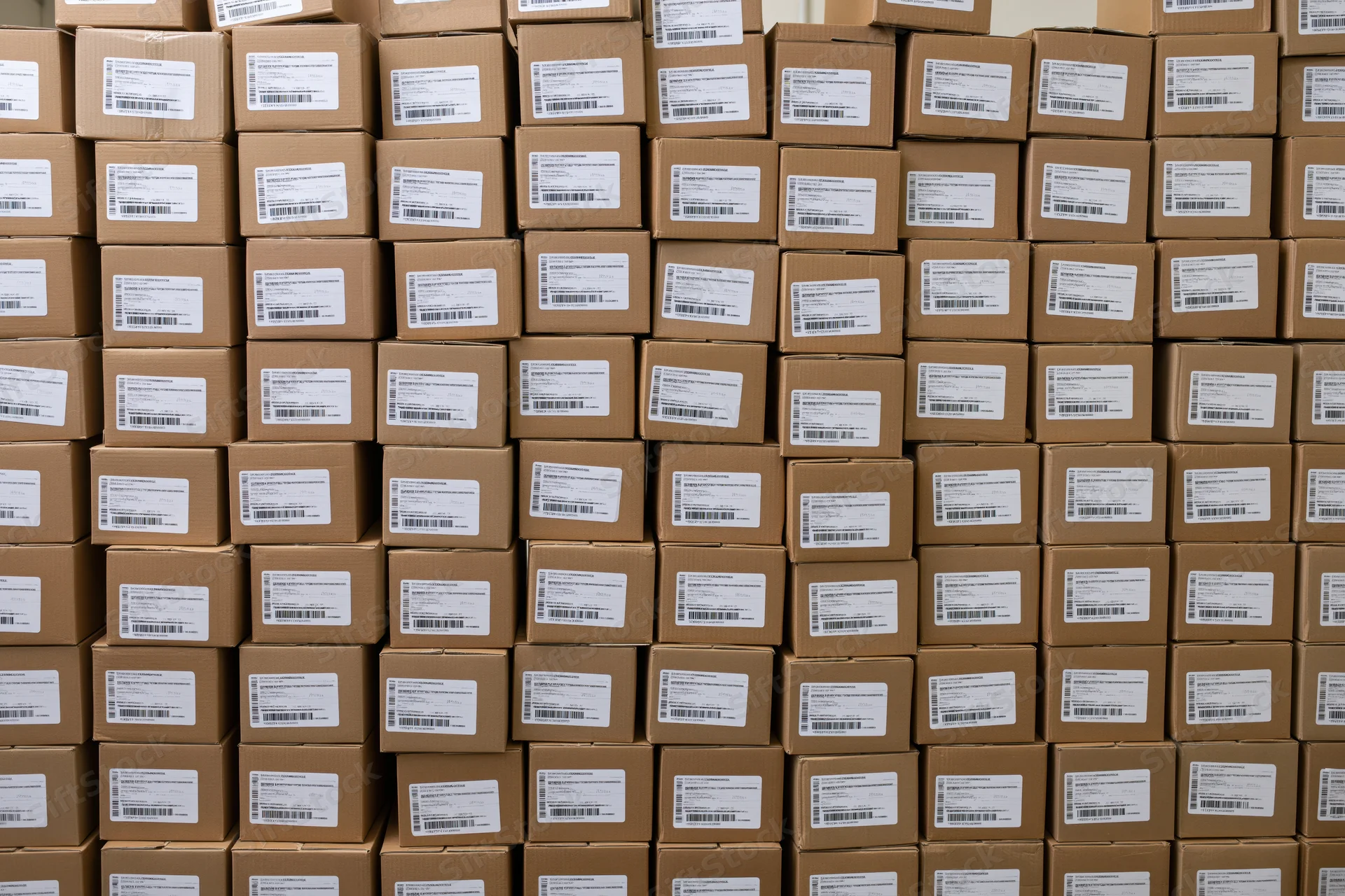 Stacked cardboard shipping boxes filling the frame in a warehouse storage area