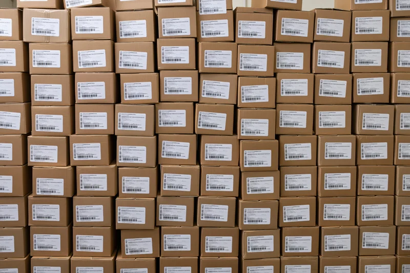 Stacked cardboard shipping boxes filling the frame in a warehouse storage area