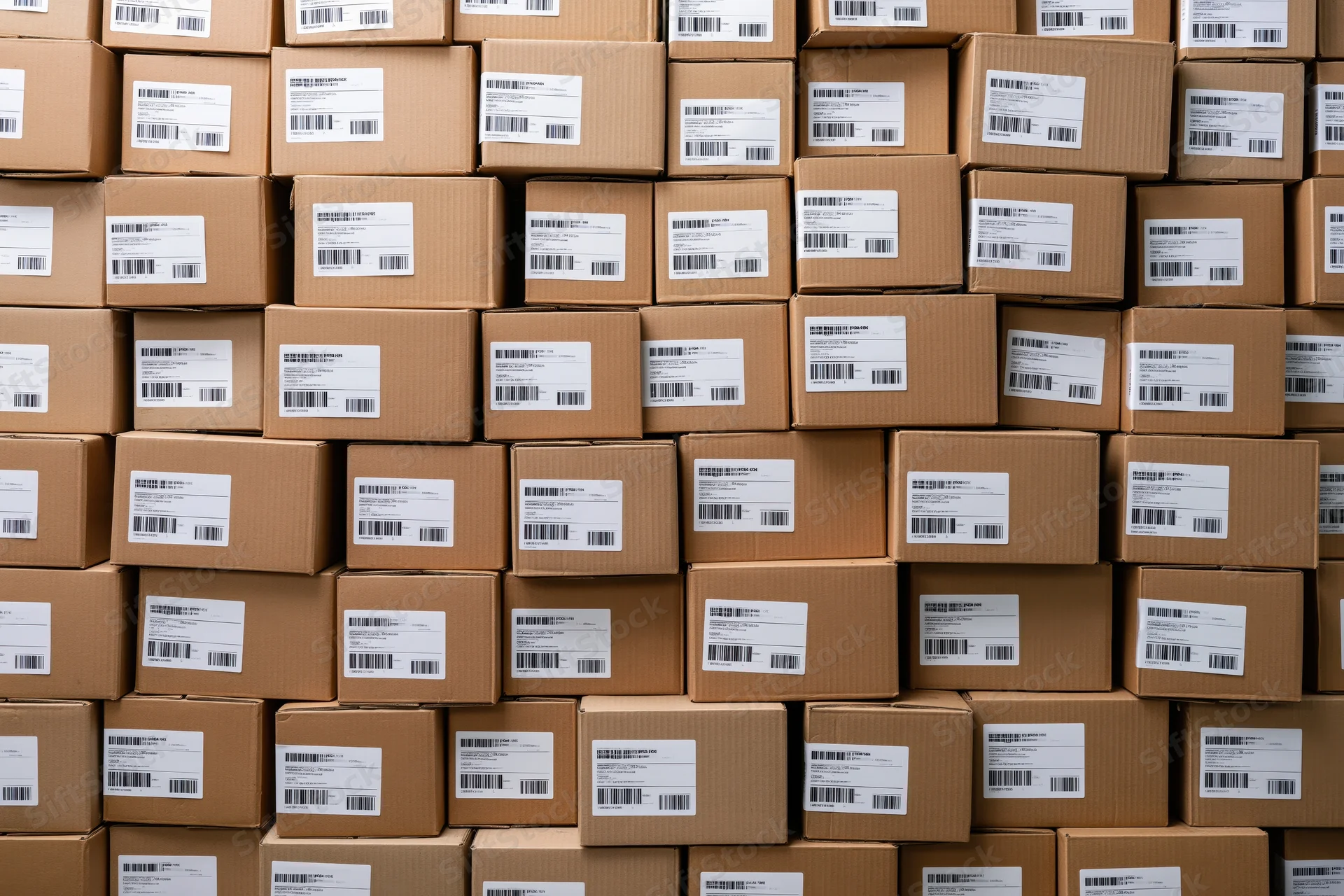 Stacked cardboard shipping boxes filling the frame with labels and barcodes