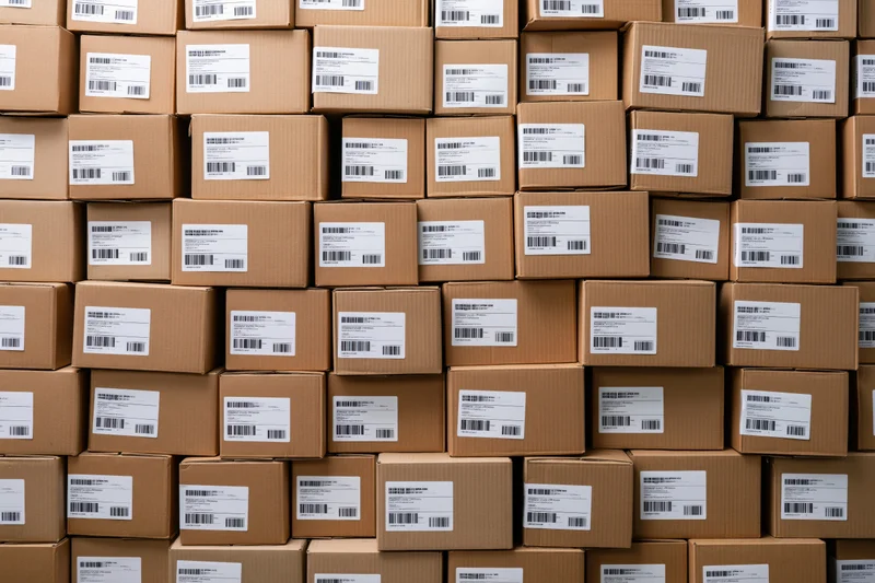 Stacked cardboard shipping boxes filling the frame with labels and barcodes