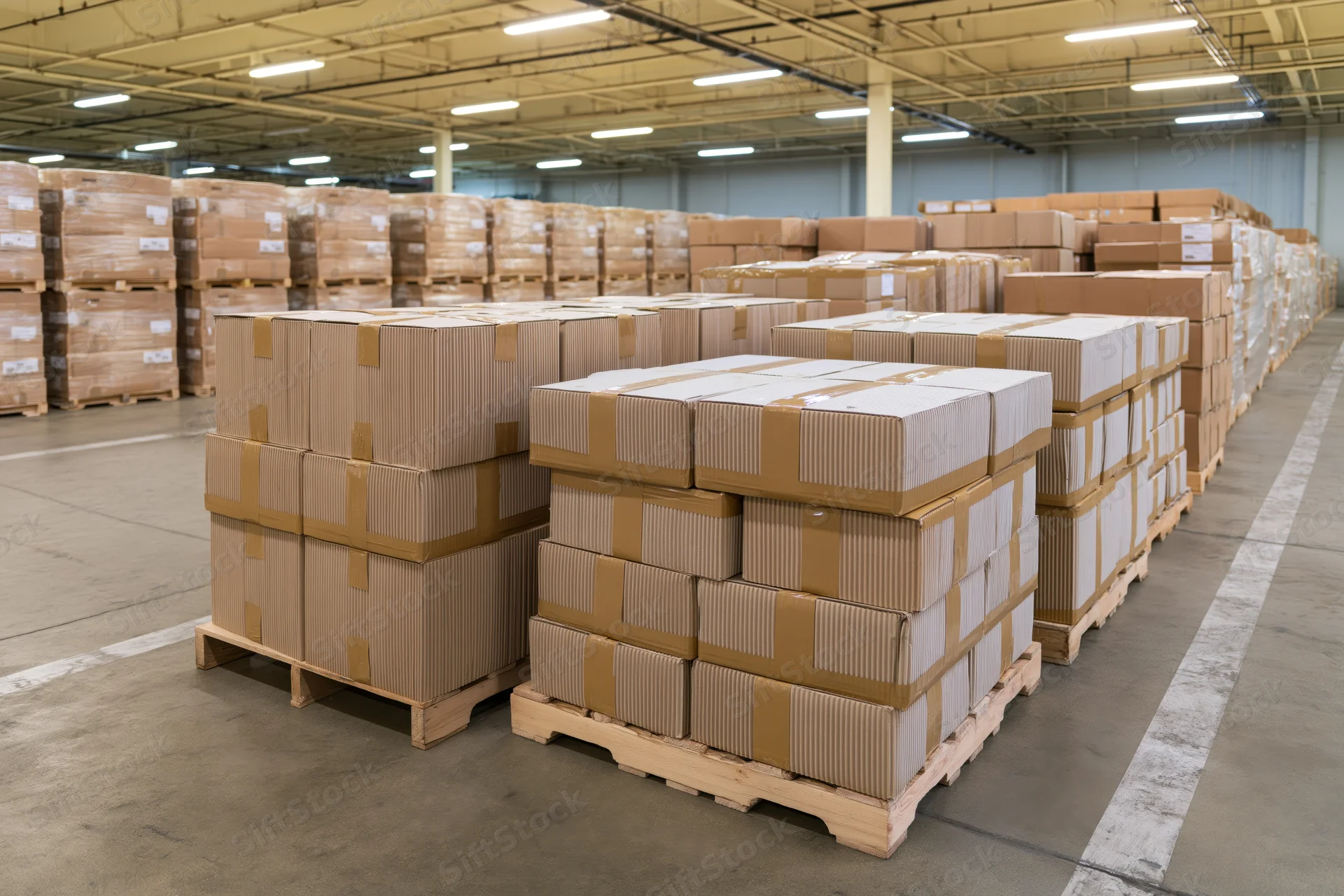 Stacks of sealed cardboard boxes on wooden shipping pallets in a warehouse