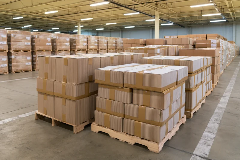 Stacks of sealed cardboard boxes on wooden shipping pallets in a warehouse