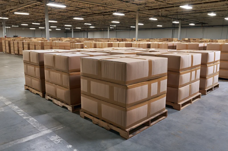 Stacks of sealed cardboard boxes on wooden shipping pallets in a warehouse
