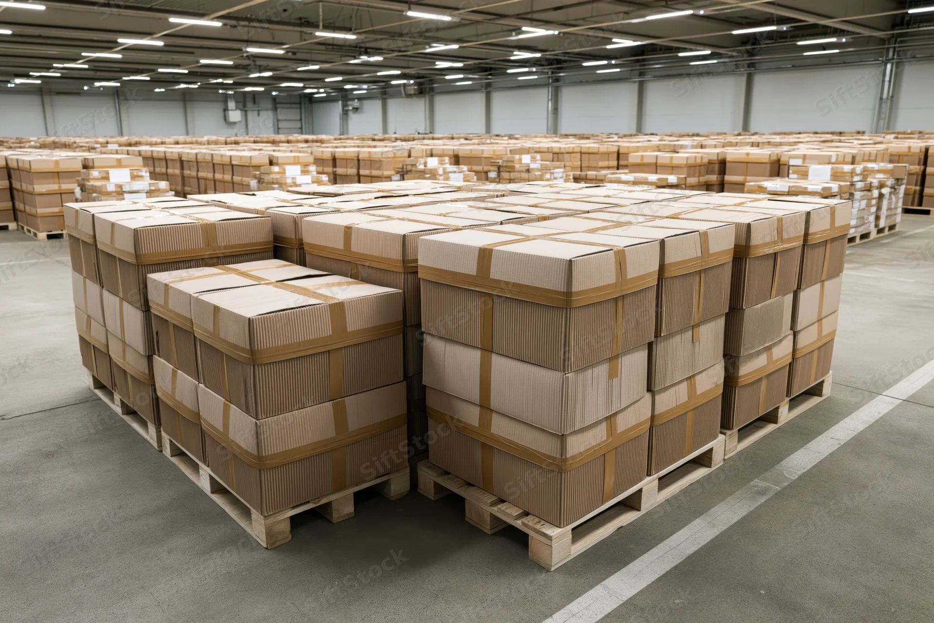 Stacks of sealed cardboard boxes on wooden shipping pallets in a warehouse
