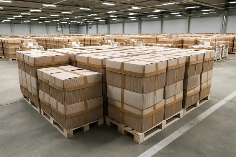 Stacks of sealed cardboard boxes on wooden shipping pallets in a warehouse