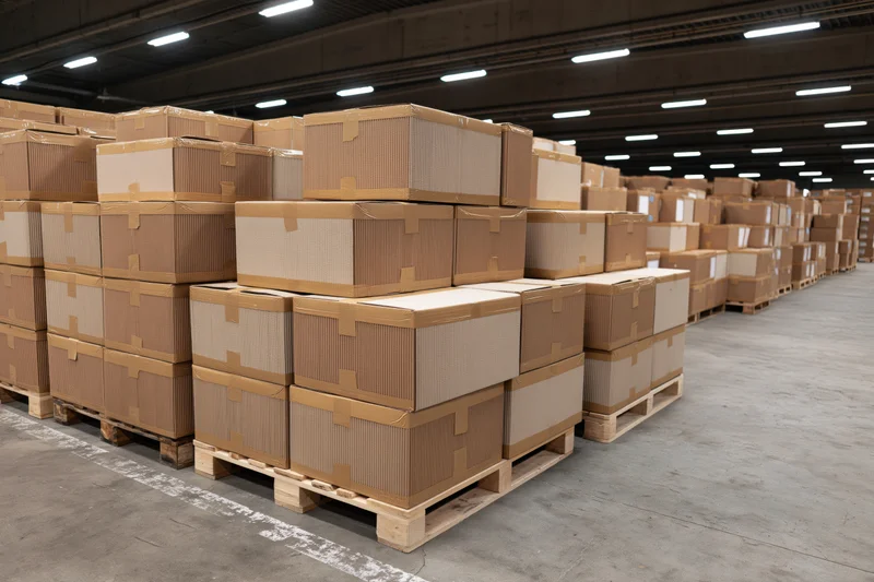 Stacks of sealed cardboard boxes on wooden shipping pallets in a warehouse