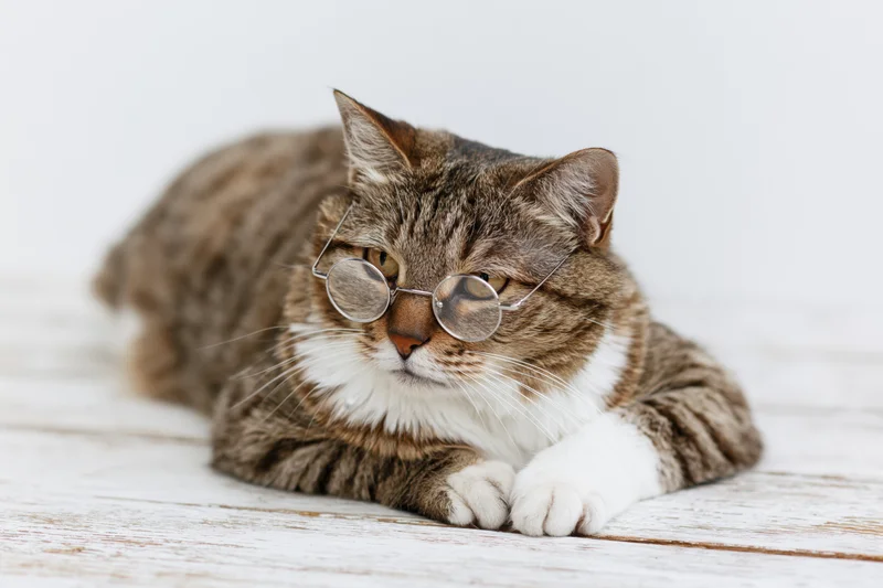 Tabby cat wearing small round wire-framed glasses lying on white wooden floor