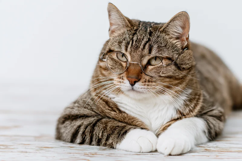 Tabby cat wearing small round wire-framed glasses lying on a white wooden floor