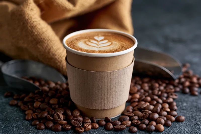 Takeaway paper cup with latte art and coffee beans on dark surface