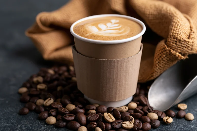 Takeaway paper cup with latte art and coffee beans on dark surface